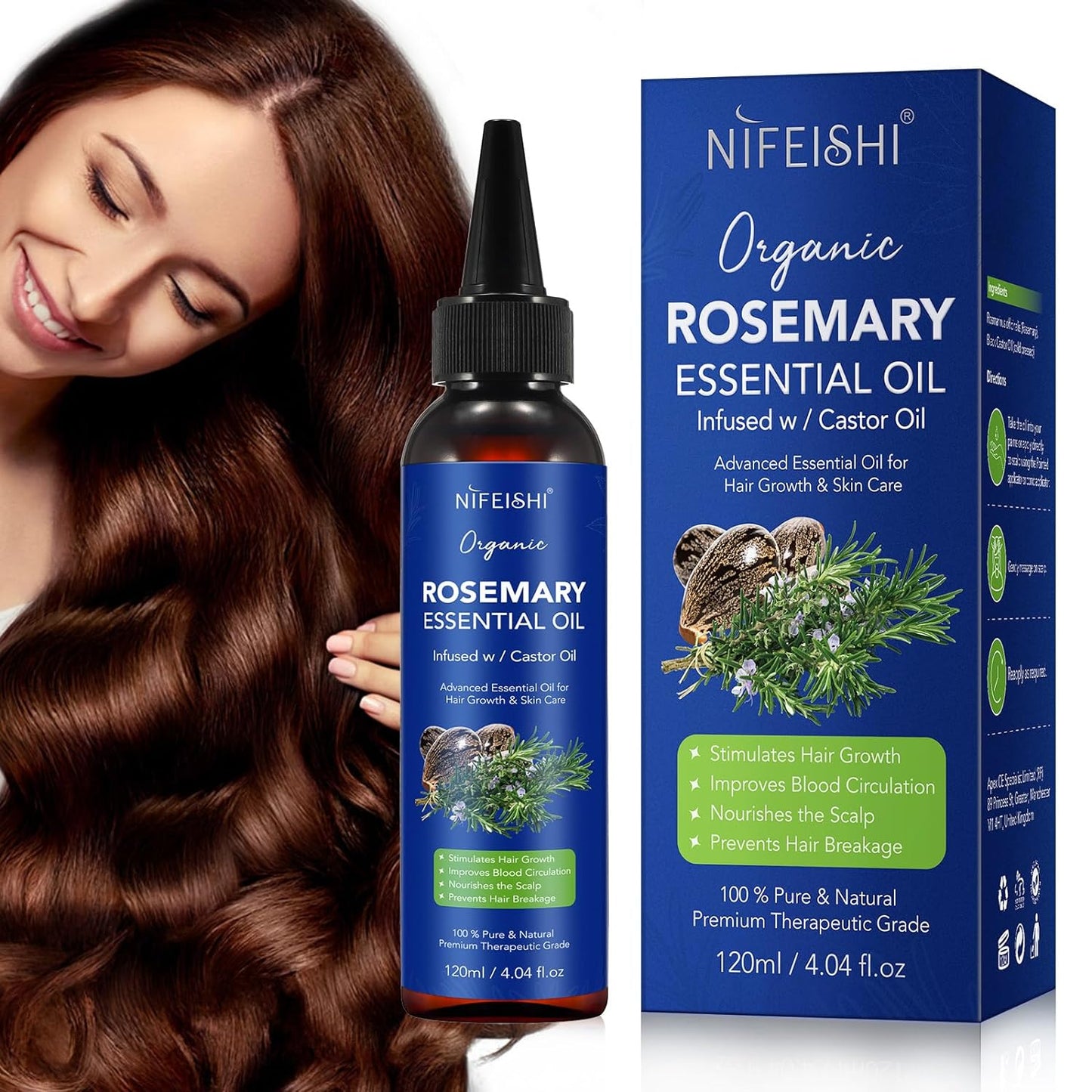NIFEISHI Rosemary Oil for Hair Growth, 120ml Pure Natural Organic Rosemary Essential Oil Infused w/Castor Oil Used for Scalp Massager, Improves Blood Circulation, Body Massage, Reduce Hair Loss