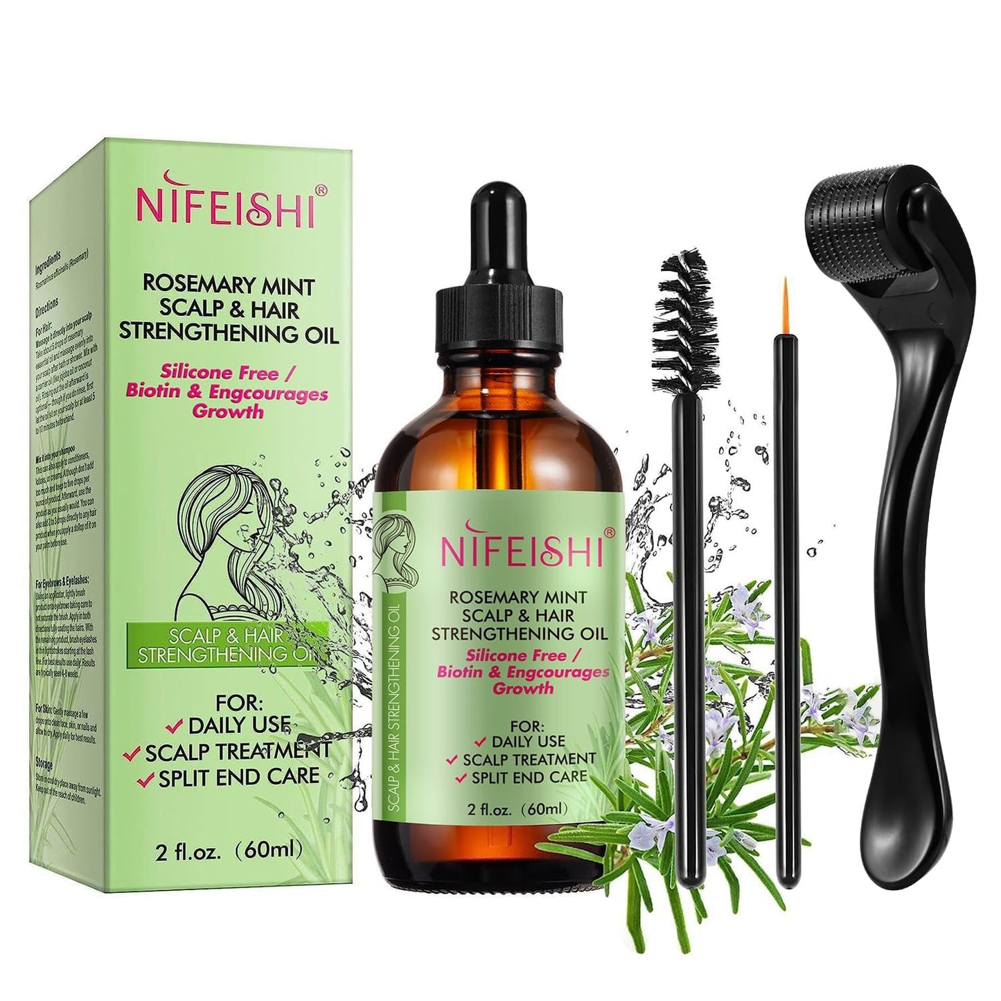 NIFEISHI Organic Rosemary Oil for Hair Growth 2.02 Fl Oz with the Roller, Rosemary Mint Scalp & Hair Strengthening Oil with Biotin & Essential Oils, for Eyelashs, Eyebrows,Skin Care, All Hair Types