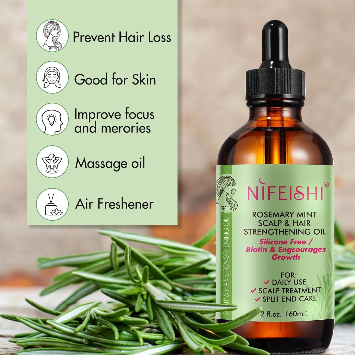 NIFEISHI Organic Rosemary Oil for Hair Growth 2.02 Fl Oz with the Roller, Rosemary Mint Scalp & Hair Strengthening Oil with Biotin & Essential Oils, for Eyelashs, Eyebrows,Skin Care, All Hair Types