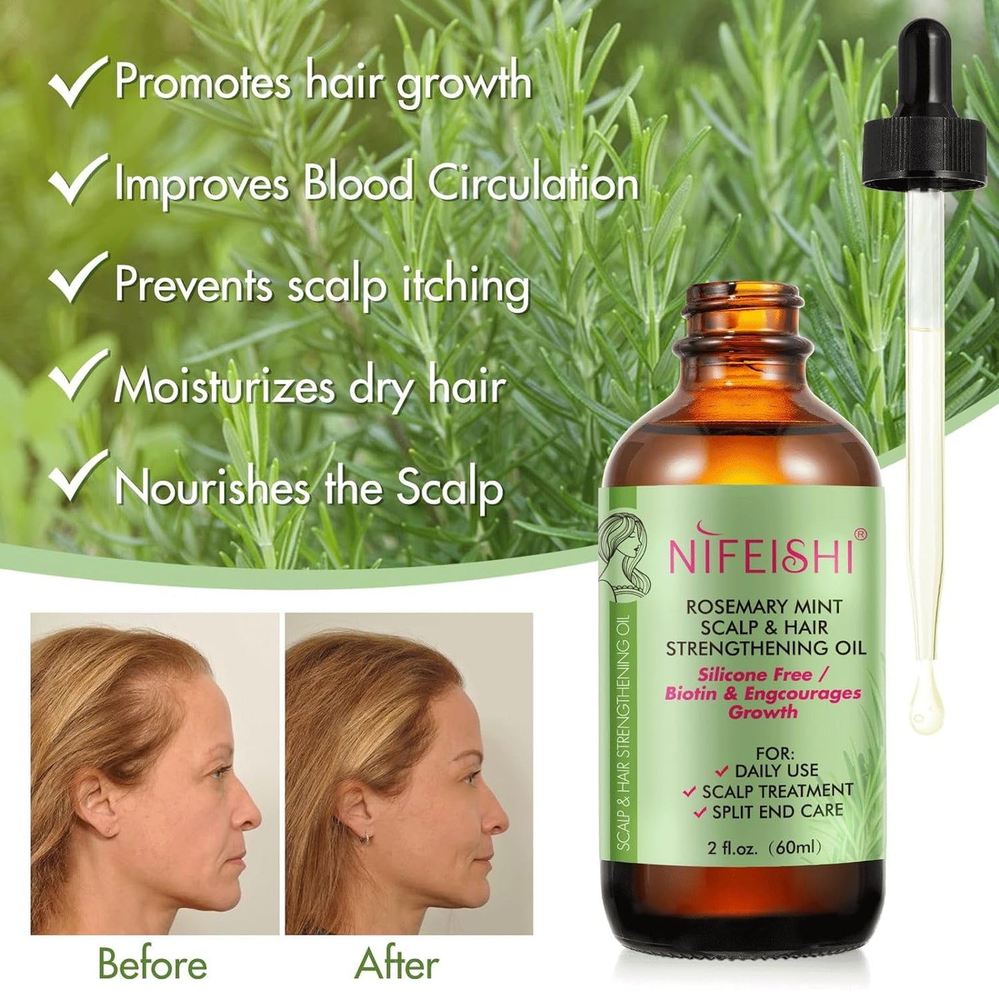 NIFEISHI Organic Rosemary Oil for Hair Growth 2.02 Fl Oz with the Roller, Rosemary Mint Scalp & Hair Strengthening Oil with Biotin & Essential Oils, for Eyelashs, Eyebrows,Skin Care, All Hair Types