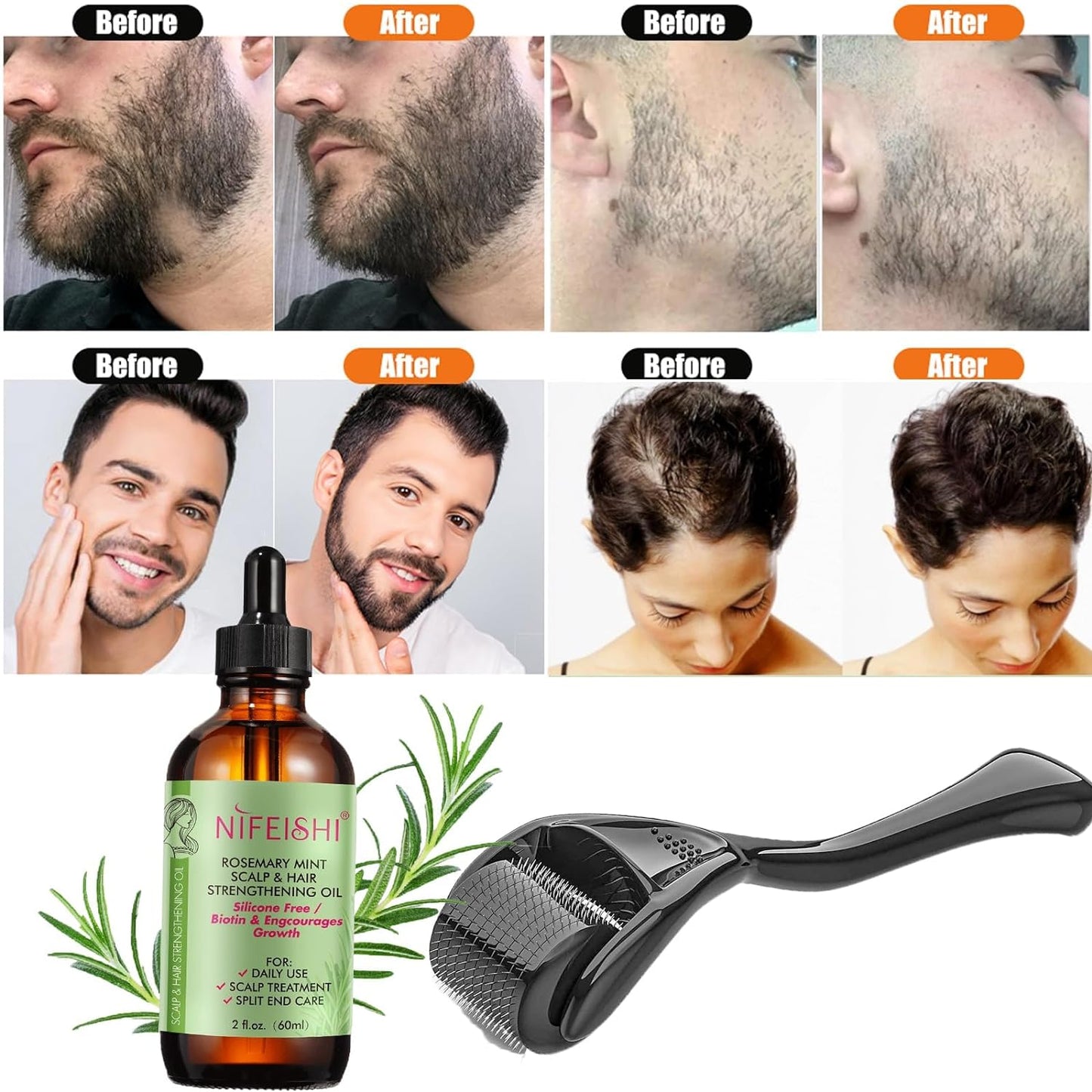 NIFEISHI Organic Rosemary Oil for Hair Growth 2.02 Fl Oz with the Roller, Rosemary Mint Scalp & Hair Strengthening Oil with Biotin & Essential Oils, for Eyelashs, Eyebrows,Skin Care, All Hair Types