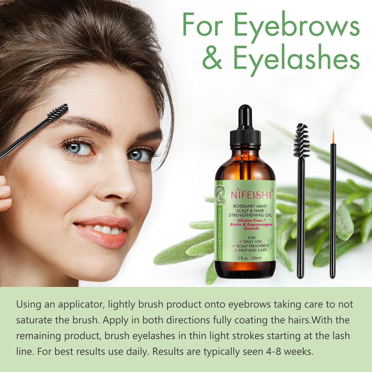 NIFEISHI Organic Rosemary Oil for Hair Growth 2.02 Fl Oz with the Roller, Rosemary Mint Scalp & Hair Strengthening Oil with Biotin & Essential Oils, for Eyelashs, Eyebrows,Skin Care, All Hair Types