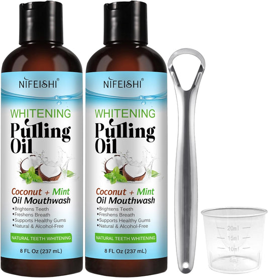 NIFEISHI Coconut Pulling Oil 2PACK, Mint Mouthwash with Tongue Scraper for Fresher Breath, Alcohol Free Natural Coconut Oil Pulling for Teeth Whitening & Gum Health 8 Fl.Oz