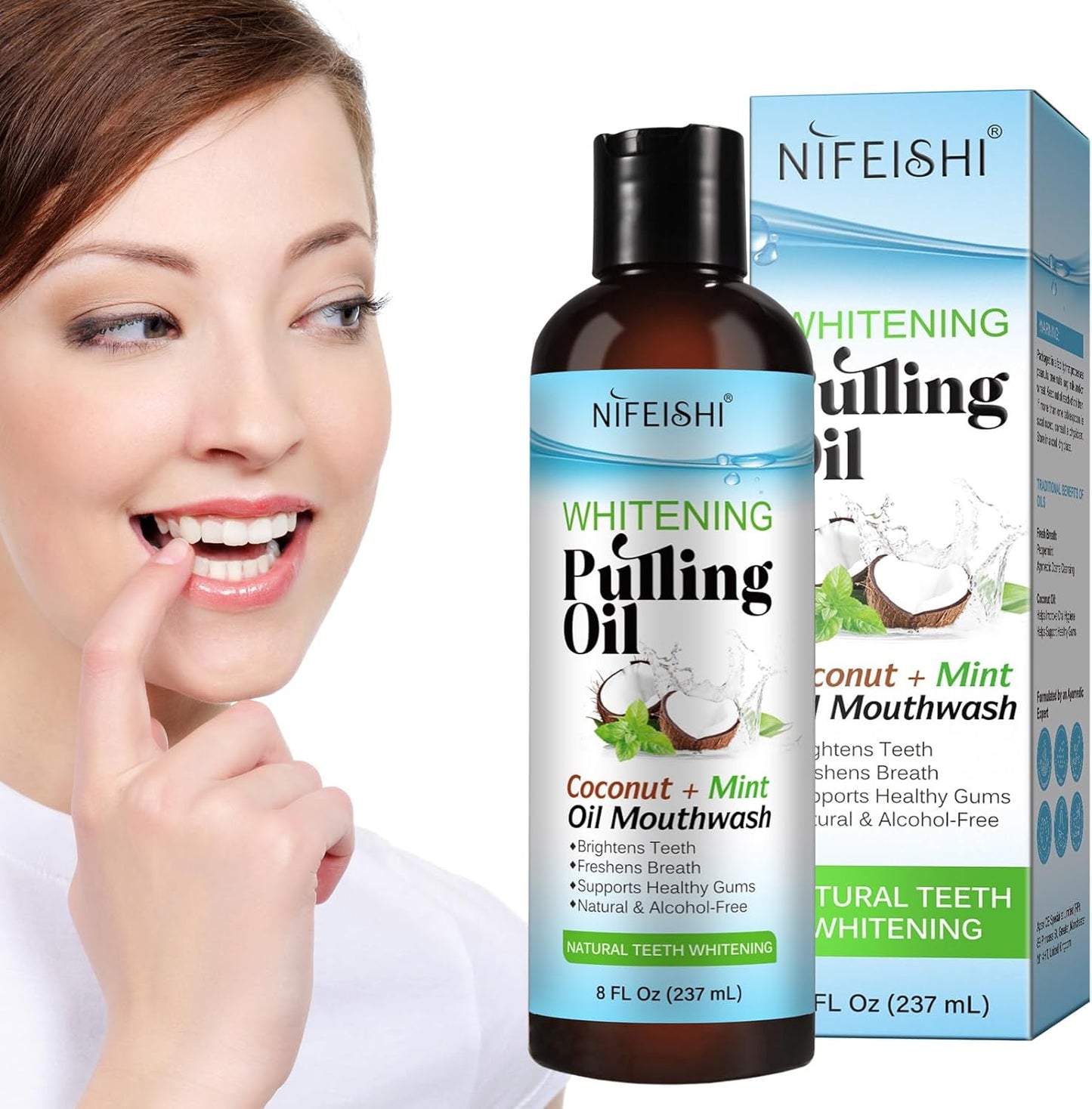 NIFEISHI Coconut Pulling Oil 2PACK, Mint Mouthwash with Tongue Scraper for Fresher Breath, Alcohol Free Natural Coconut Oil Pulling for Teeth Whitening & Gum Health 8 Fl.Oz