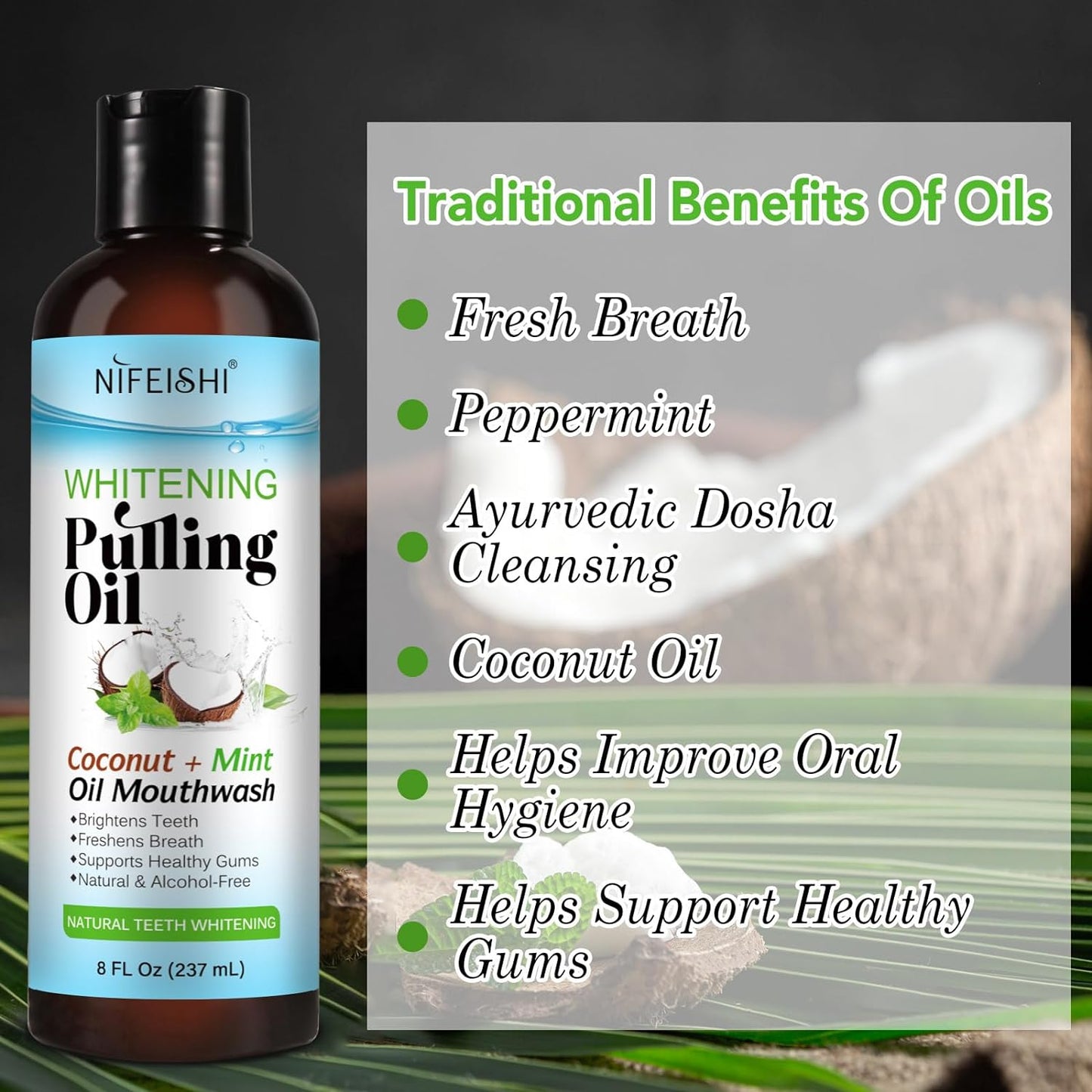 NIFEISHI Coconut Pulling Oil 2PACK, Mint Mouthwash with Tongue Scraper for Fresher Breath, Alcohol Free Natural Coconut Oil Pulling for Teeth Whitening & Gum Health 8 Fl.Oz