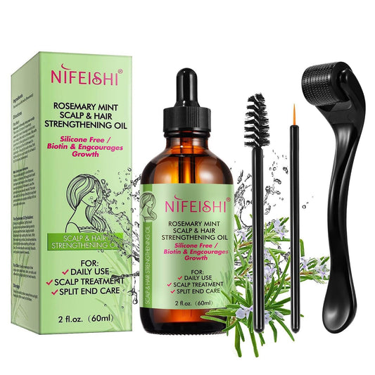 NIFEISHI Organic Rosemary Oil for Hair Growth 2.02 Fl Oz with the Roller, Rosemary Mint Scalp & Hair Strengthening Oil with Biotin & Essential Oils, for Eyelashs, Eyebrows,Skin Care, All Hair Types