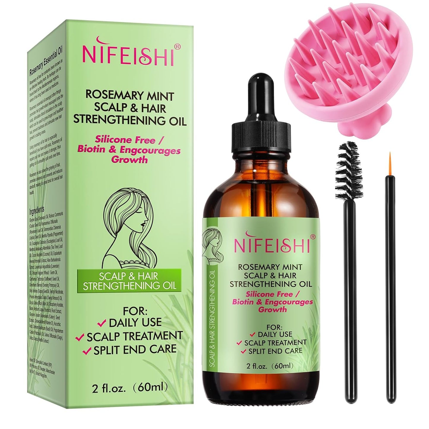 NIFEISHI Rosemary Oil for Hair Growth Organic 60ml, Rosemary Mint Scalp & Hair Strengthening Oil, Rosemary Essential Oil for Eyelashs, Eyebrows, Skin, Body Massage