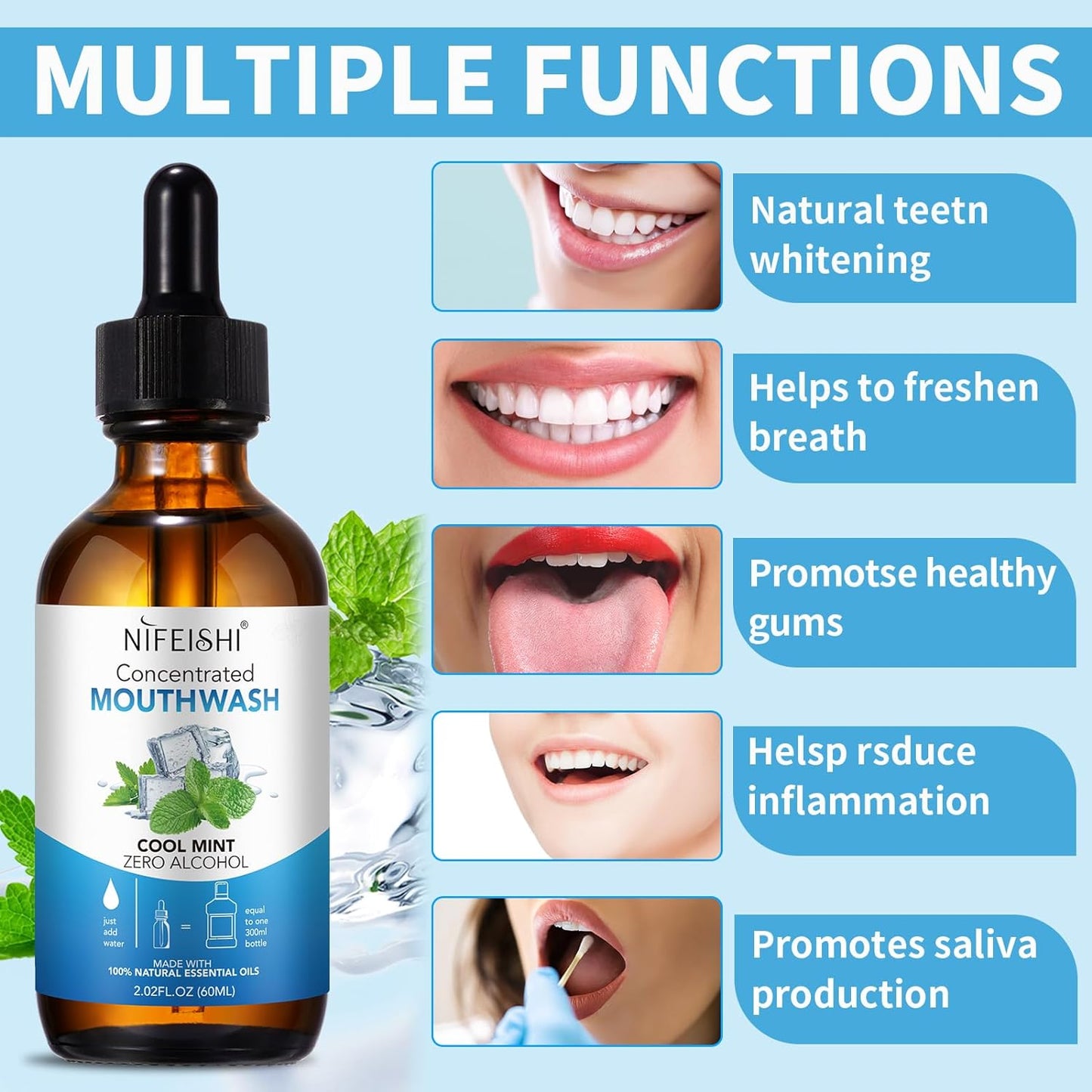 NIFEISHI Odor Reduction Mint Concentrated Mouthwash, Travel Size Mouthwash Made with Spearmint Oil and Tea Tree Oil, Helps Freshen Breath Healthy Mouth