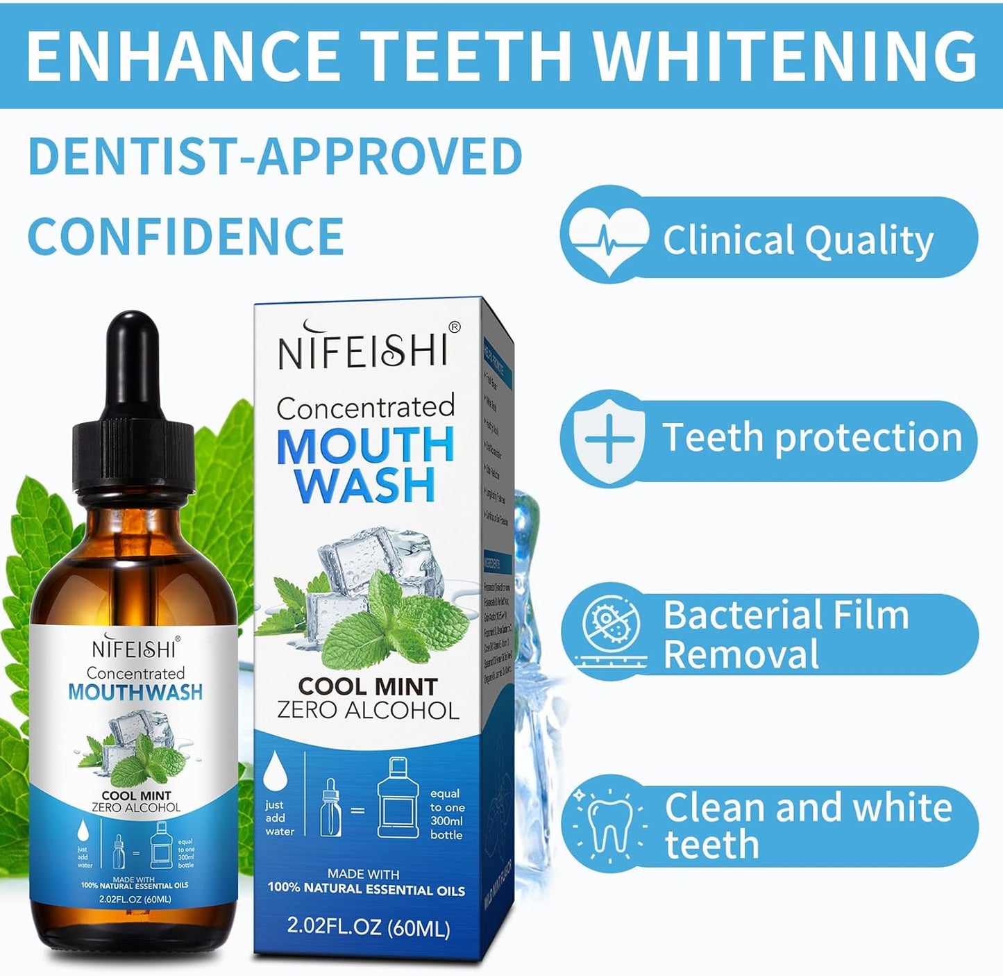 NIFEISHI Odor Reduction Mint Concentrated Mouthwash, Travel Size Mouthwash Made with Spearmint Oil and Tea Tree Oil, Helps Freshen Breath Healthy Mouth