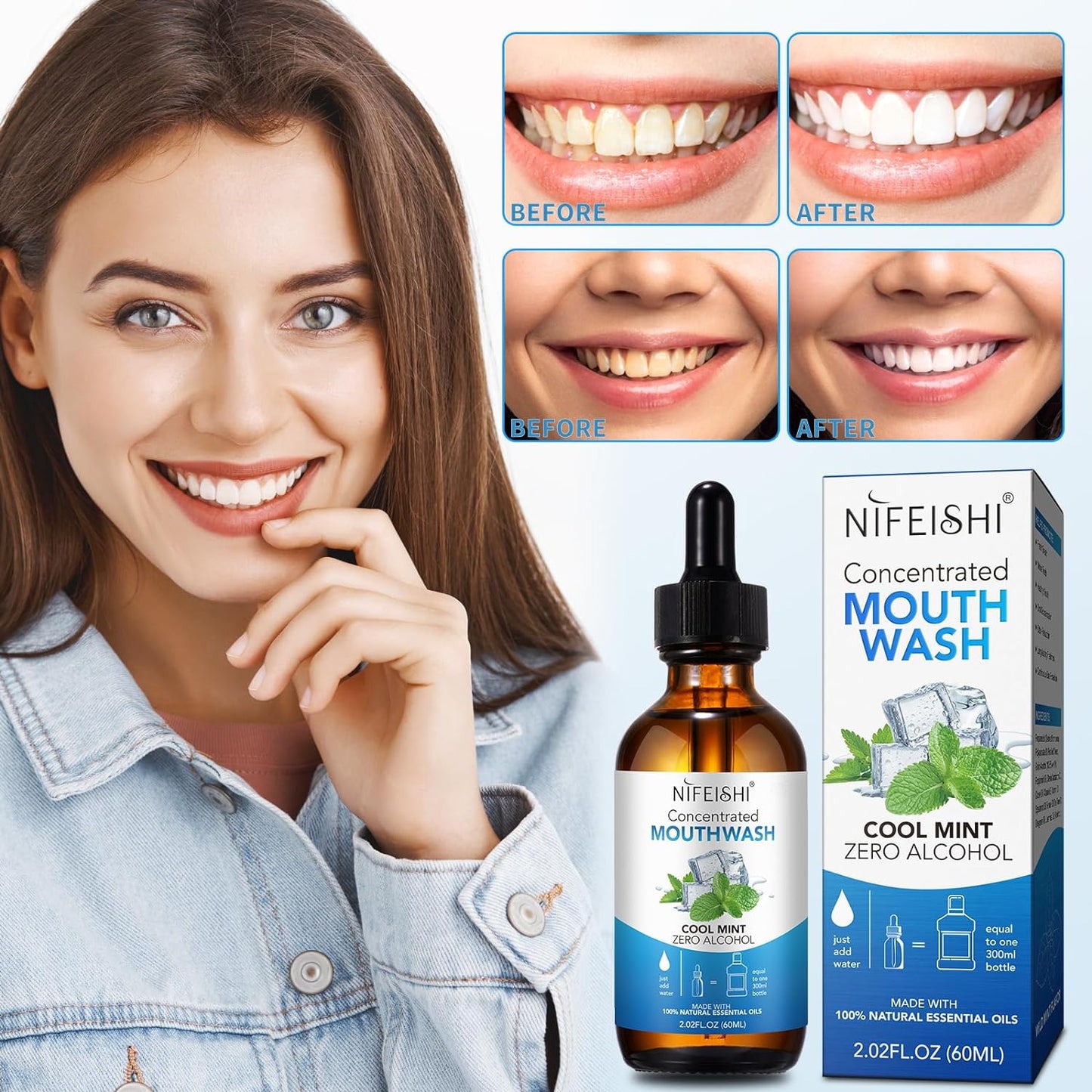 NIFEISHI Odor Reduction Mint Concentrated Mouthwash, Travel Size Mouthwash Made with Spearmint Oil and Tea Tree Oil, Helps Freshen Breath Healthy Mouth