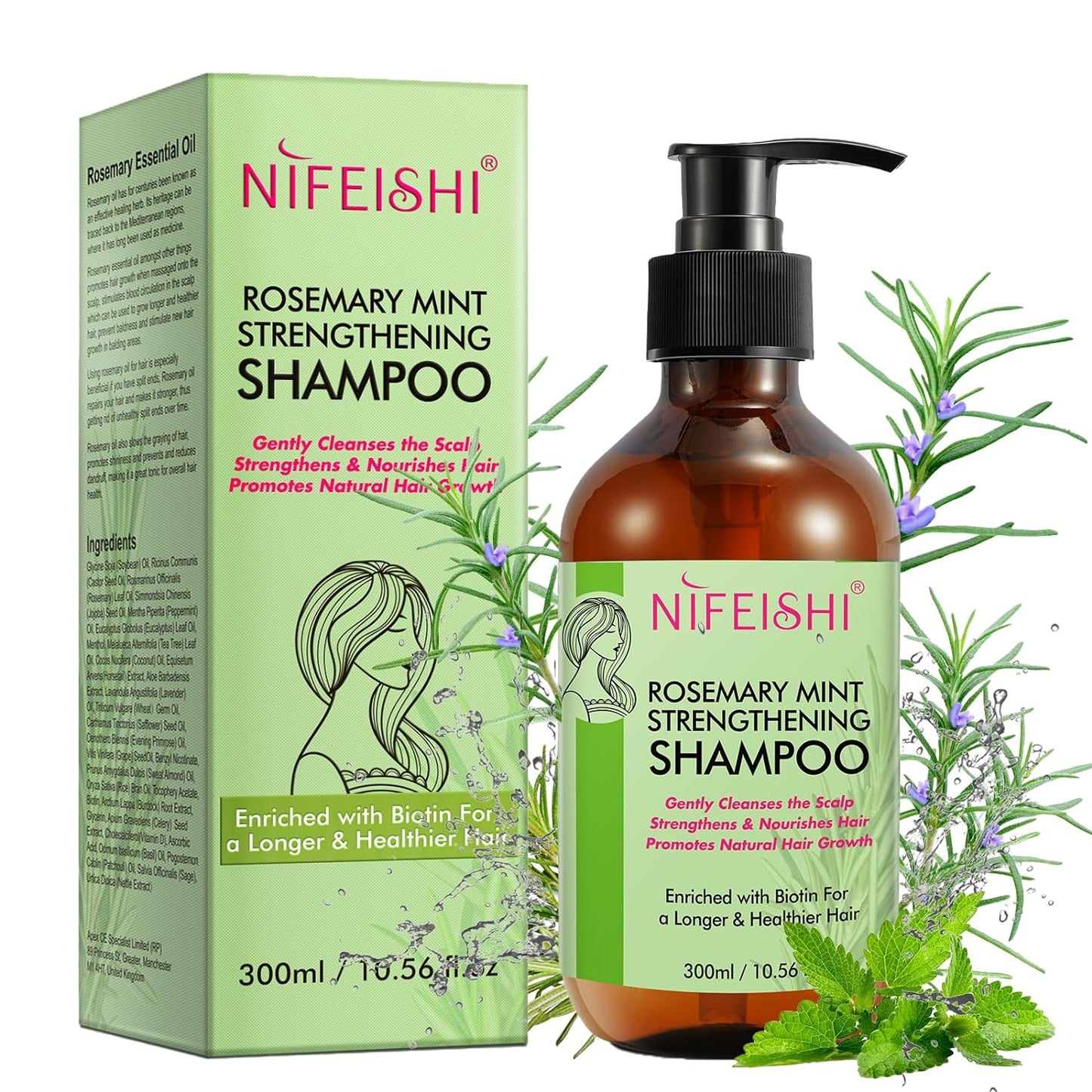 NIFEISHI Rosemary Hair Growth Shampoo, Organic Rosemary Mint Strengthening Shampoo with Biotin for Longer & Healthier Hair, Cleanses and Helps Strengthen Weak and Brittle Hair, Thinning Hair