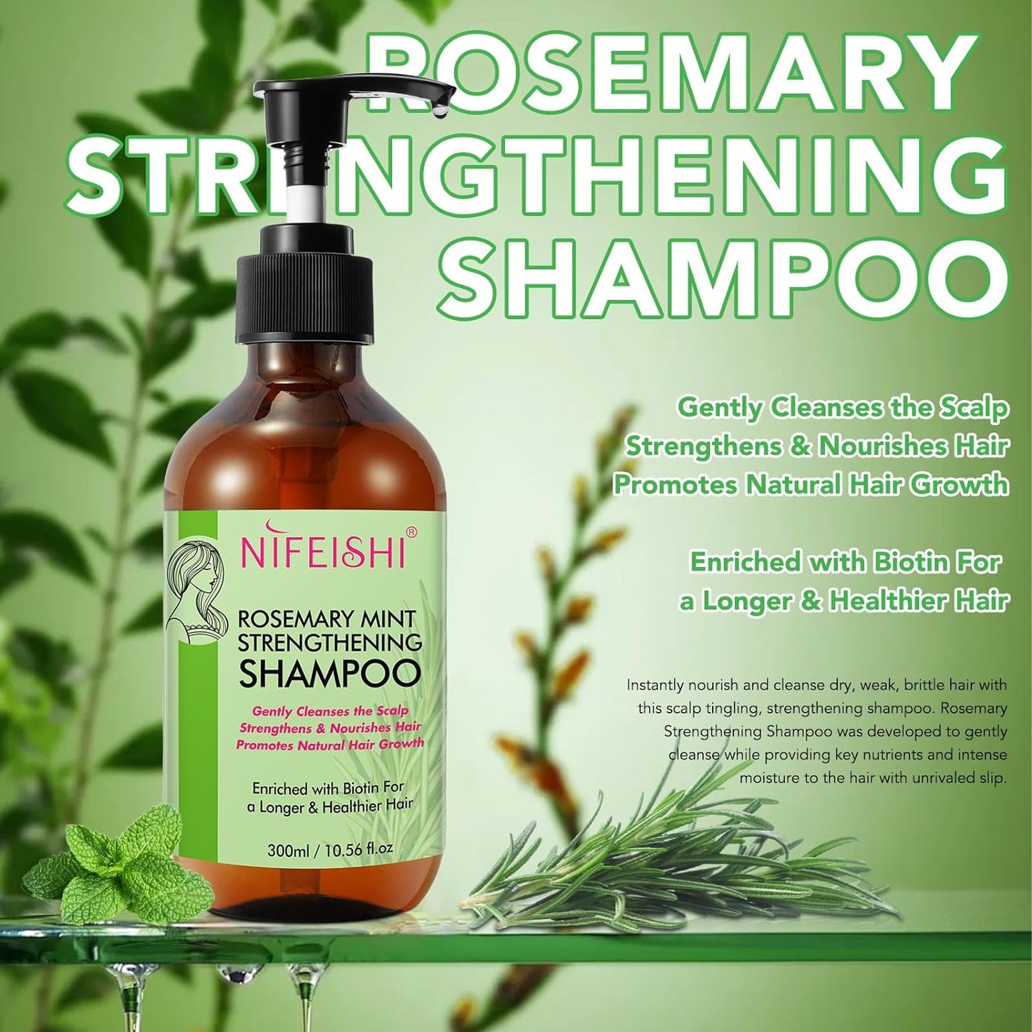 NIFEISHI Rosemary Hair Growth Shampoo, Organic Rosemary Mint Strengthening Shampoo with Biotin for Longer & Healthier Hair, Cleanses and Helps Strengthen Weak and Brittle Hair, Thinning Hair