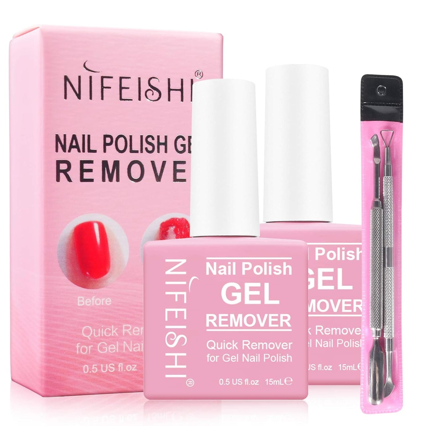 NIFEISHI Gel Nail Polish Remover, (2PCS) Magic Nail Polish Remover Kit, Professional Removes Soak-Off and UV Art Nail Lacquer, Don't Hurt Your Nails - 15Ml