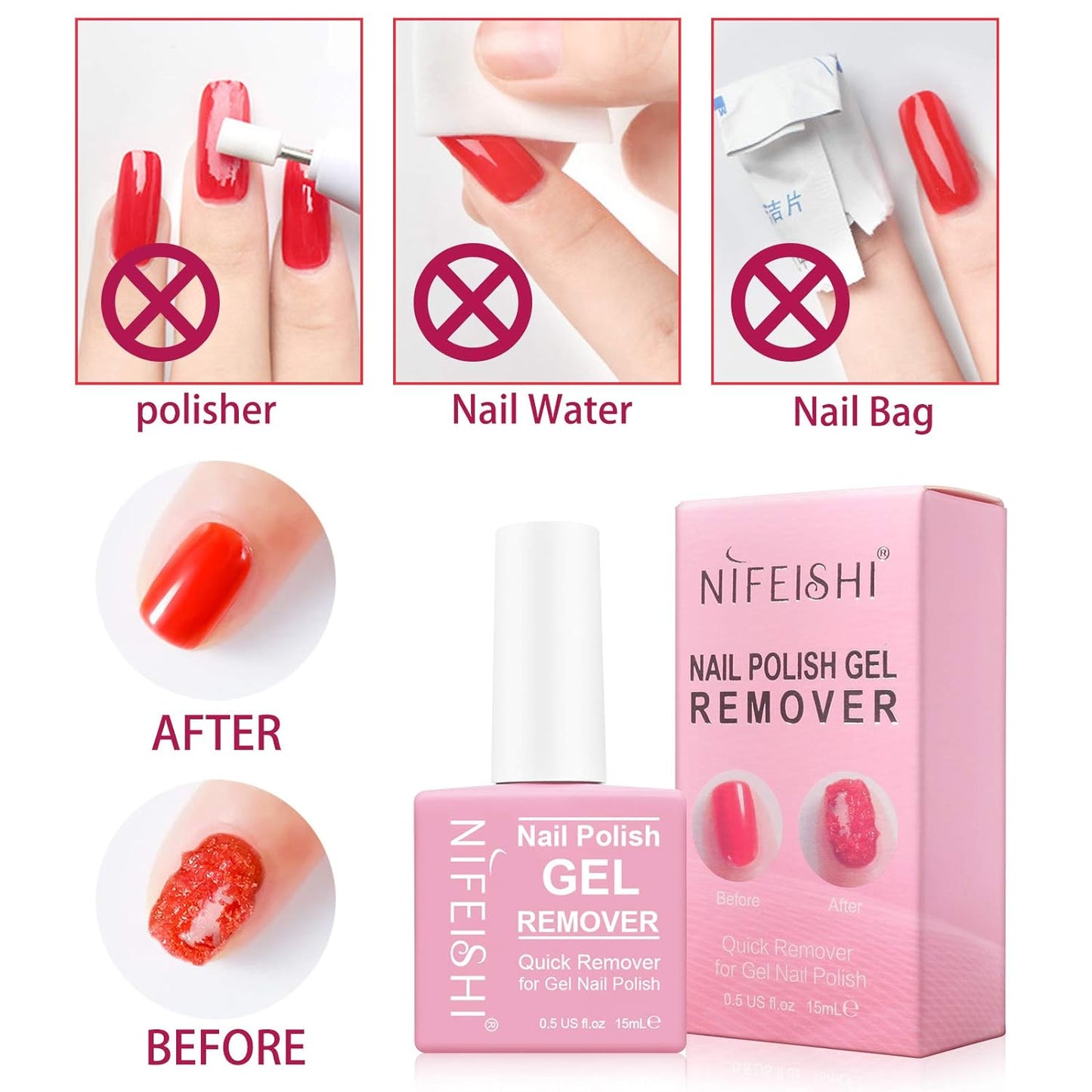 NIFEISHI Gel Nail Polish Remover, (2PCS) Magic Nail Polish Remover Kit, Professional Removes Soak-Off and UV Art Nail Lacquer, Don't Hurt Your Nails - 15Ml