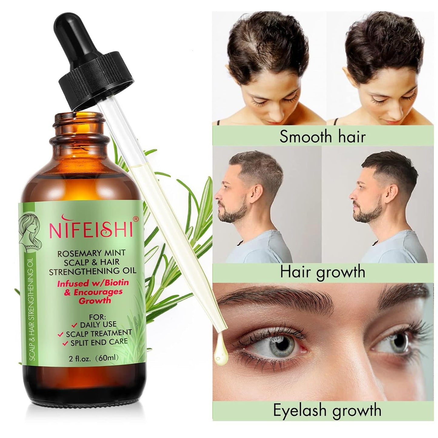 NIFEISHI Rosemary Oil for Hair 2 Pack, Rosemary Mint Scalp & Hair Strengthening Oil, Multipurpose Rosemary Essential Oils for Hair Growth of Eyebrow, Eyelash & Skin Care