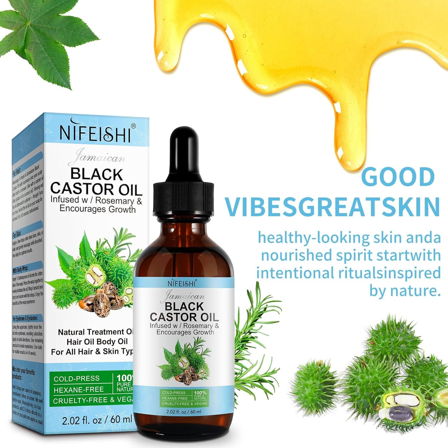 NIFEISHI Organic Castor Oil, 2pcs Pure Natural Jamaican Black Castor Oil Infused with Rosemary, Cold Pressed Glass Bottles, Boost Hair Growth for Thicker, Fuller Hair, Eyelashes & Eyebrows 2.02 fl oz