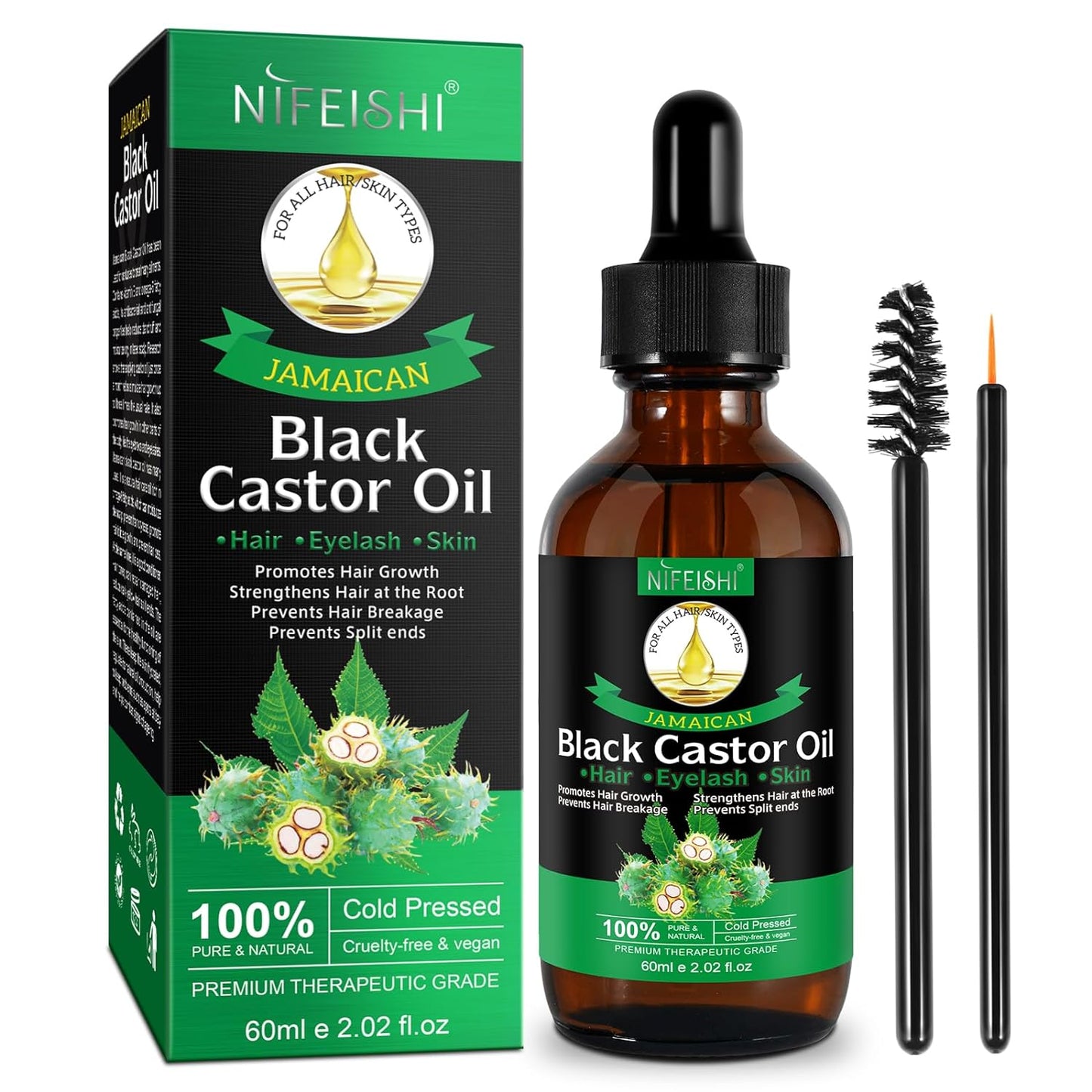 NIFEISHI Jamaican Black Castor Oil for Hair Growth, 100% Pure Natural Castor Oil Organic Cold Pressed Unrefined Body Oil, Skin & Scalp Moisturizing Massage Oil 60ml