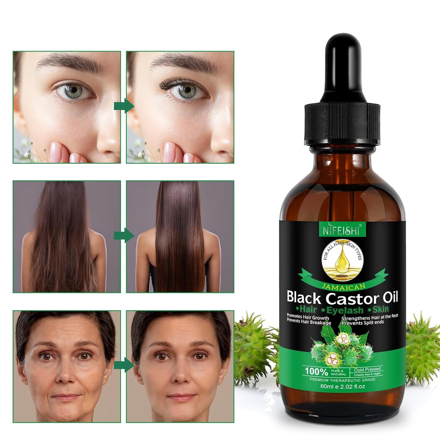 NIFEISHI Jamaican Black Castor Oil for Hair Growth, 100% Pure Natural Castor Oil Organic Cold Pressed Unrefined Body Oil, Skin & Scalp Moisturizing Massage Oil 60ml