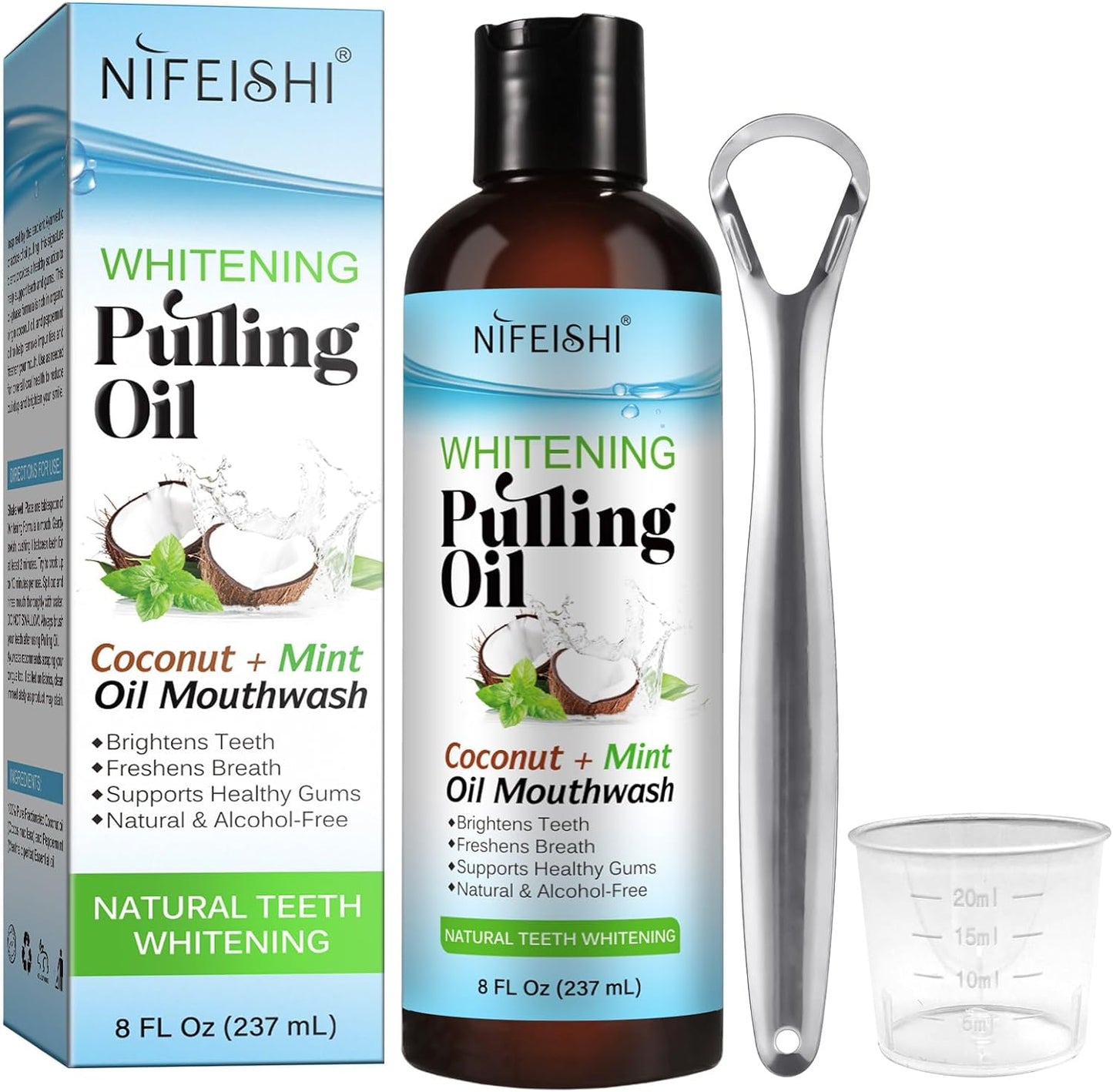 NIFEISHI Coconut Pulling Oil (8 Fl.Oz), Mint Oil Pulling Mouthwash with Tongue Scraper, Natural Alcohol Free Mouthwash Teeth Whitening & Gum Health, Fresh Breath, Coconut Oil Pulling for Healthier