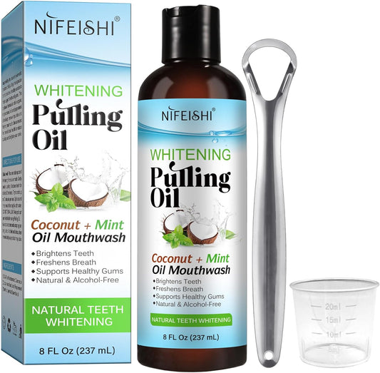 NIFEISHI Coconut Pulling Oil (8 Fl.Oz), Mint Oil Pulling Mouthwash with Tongue Scraper, Natural Alcohol Free Mouthwash Teeth Whitening & Gum Health, Fresh Breath, Coconut Oil Pulling for Healthier