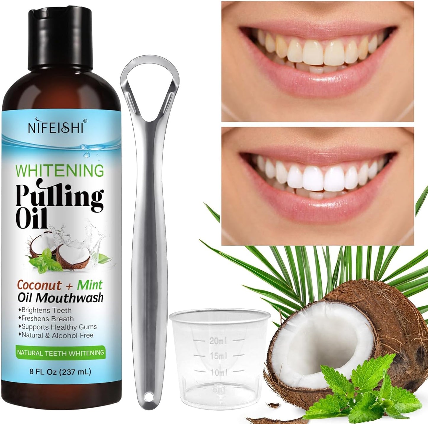 NIFEISHI Coconut Pulling Oil (8 Fl.Oz), Mint Oil Pulling Mouthwash with Tongue Scraper, Natural Alcohol Free Mouthwash Teeth Whitening & Gum Health, Fresh Breath, Coconut Oil Pulling for Healthier