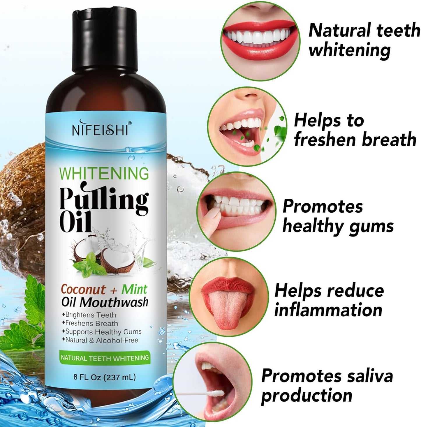 NIFEISHI Coconut Pulling Oil (8 Fl.Oz), Mint Oil Pulling Mouthwash with Tongue Scraper, Natural Alcohol Free Mouthwash Teeth Whitening & Gum Health, Fresh Breath, Coconut Oil Pulling for Healthier