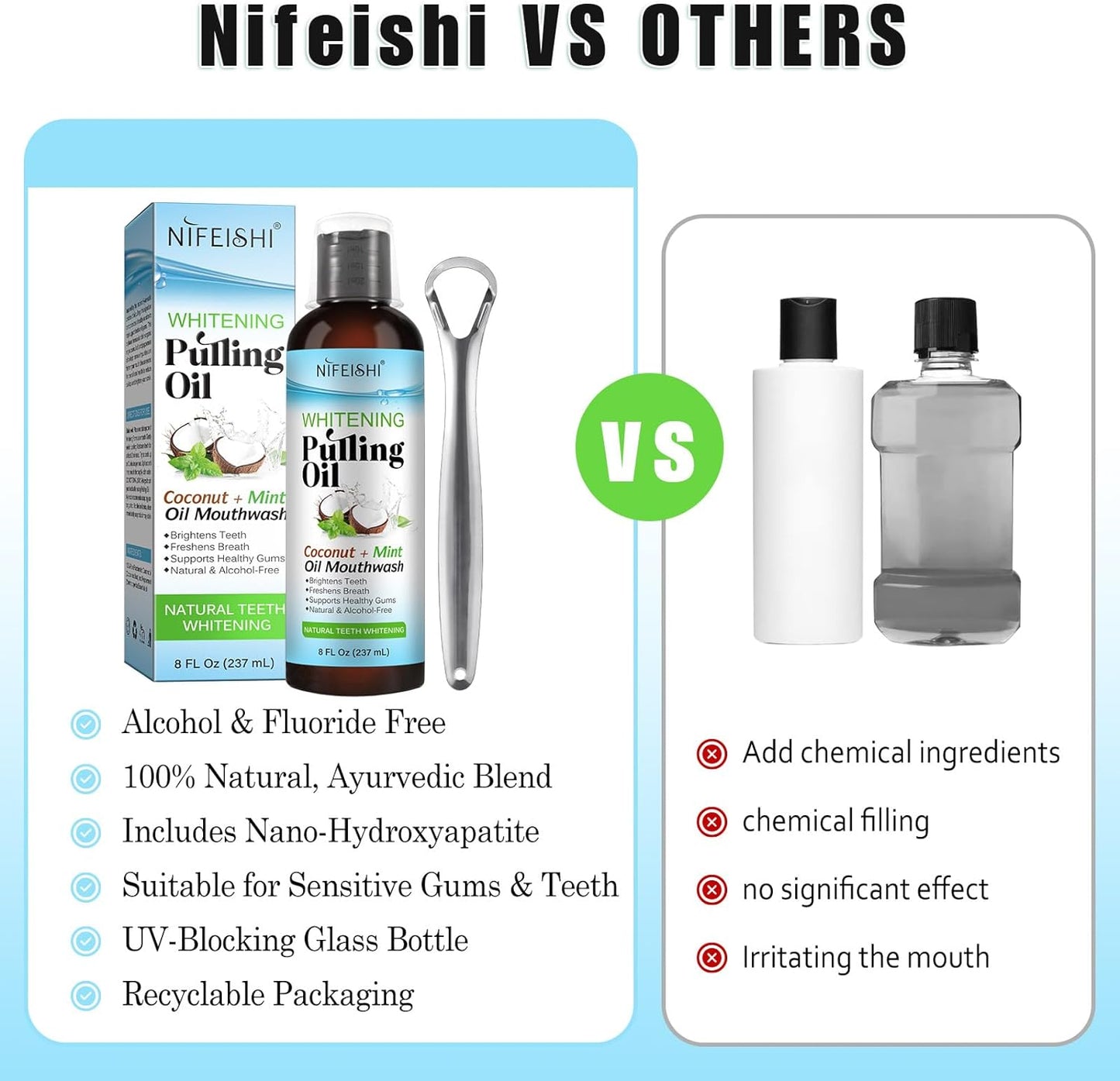 NIFEISHI Coconut Pulling Oil (8 Fl.Oz), Mint Oil Pulling Mouthwash with Tongue Scraper, Natural Alcohol Free Mouthwash Teeth Whitening & Gum Health, Fresh Breath, Coconut Oil Pulling for Healthier